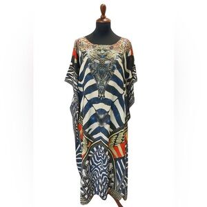 Camilla Tales Of Louwalan Tales Long Kaftan With Rhinestones 100% Silk v neck